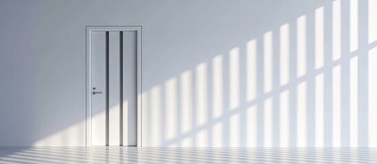 Aufkleber - Vertical white wall with barred door casting soft shadows on polished floor creating ideal space for branding and text placement in modern interior setting