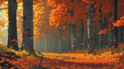 Poster - Vibrant autumn forest with golden and red foliage illuminated by soft sunlight creating a serene and tranquil atmosphere in the peaceful woodland.