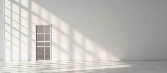 Poster - Bright minimalist interior with vertical white wall and barred door casting soft shadows, featuring ample empty space for branding or text placement.