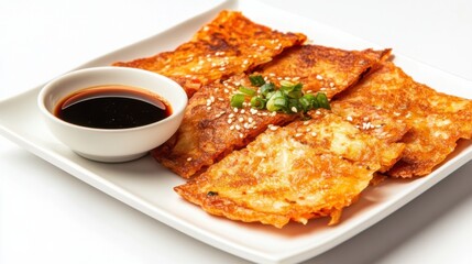 Canvas Print - A plate of spicy kimchi pancakes served with soy dipping sauce, Each pancake crispy on the outside and chewy on the inside