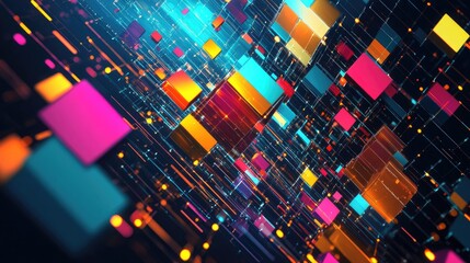 Fototapete - Colorful geometric abstract background with vibrant blocks and dynamic lights in a digital space representation