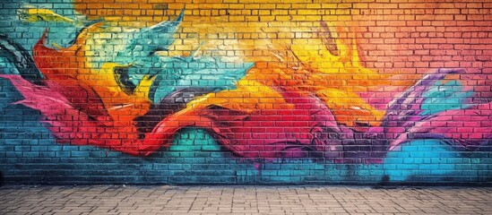 Poster - Vibrant multicolored airbrush graffiti art on a textured brick wall with ample empty space for text in an urban environment.