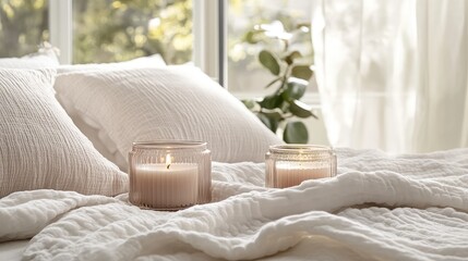 Poster - Serene interior featuring two lit candles positioned on white and blush towels atop a rumpled white bed with natural light streaming through windows.