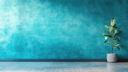 Poster - Turquoise Textured Wall with Potted Plant in Modern Interior Setting for Creative Background or Home Design Concepts