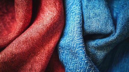 Poster - Close-up view of vibrant red and blue textiles draped elegantly, showcasing rich textures and fabric patterns in a softly lit setting.