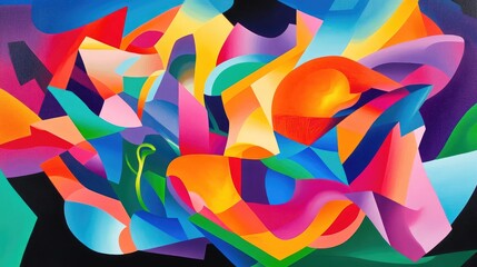 Aufkleber - Dynamic abstract composition showcasing vivid neon hues and flowing three-dimensional shapes in a vibrant artistic expression.