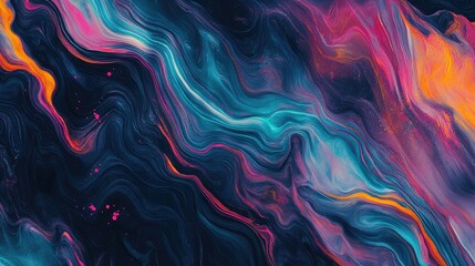 Leinwandbilder - Colorful Fluid Abstract Background with Swirling Aqua and Orange Patterns in Dark Shades