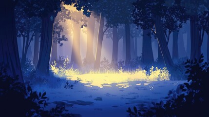 Poster - Mysterious Twilight Forest Surrounded by Trees and Soft Shadows with Ethereal Light Filtering Through the Canopy