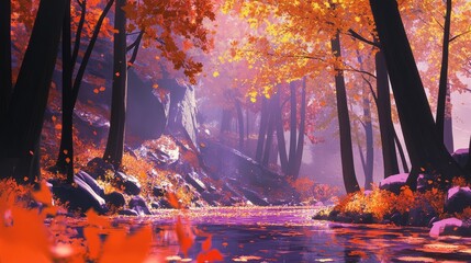 Poster - Vibrant autumn foliage reflecting on a serene river in a colorful forest with hues of orange and red amid towering trees and soft morning light.
