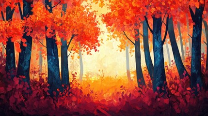 Poster - Autumn Forest Landscape Featuring Lush Red and Orange Foliage with Blue Trunks and Warm Yellow Light in a Serene Natural Setting