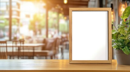 Aufkleber - Wooden Frame Mockup on Table with Blurred Bright Cafe Interior and Green Plant Background
