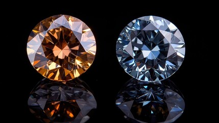 Aufkleber - Elegant Brown and Blue Round Diamond Gemstones on Black Background with Reflective Surfaces and Sparkling Highlights