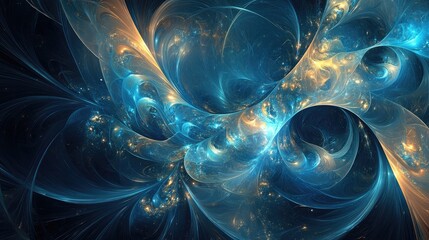 Fototapete - Vibrant abstract digital artwork featuring swirling blue and golden hues with intricate fractal patterns and a captivating visual depth.
