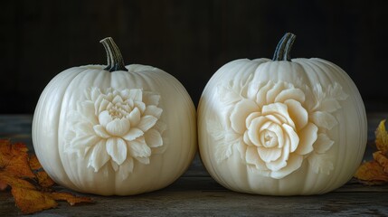 Aufkleber - Elegant white pumpkins intricately carved with floral designs softly illuminated, set against a rustic wooden background with autumn leaves.