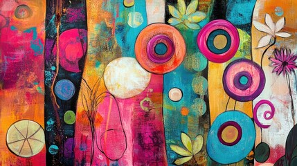 Fototapete - Colorful Abstract Art with Dynamic Swirls and Circular Shapes Creating a Vibrant and Energetic Visual Experience