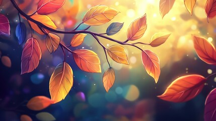 Poster - Radiant Autumn Foliage with Bright Orange and Red Leaves Against a Soft Sunlit Background in a Colorful Bokeh Setting