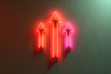 A single glowing light-up arrow pointing upward, surrounded by dimmed arrows, on background with soft shadows