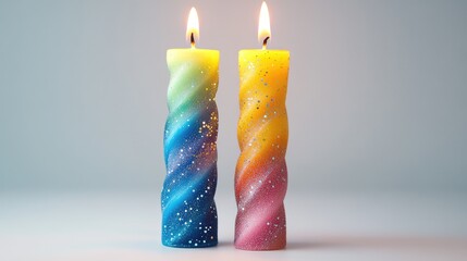 Aufkleber - Colorful Twisted Candles in Vibrant Shades of Blue Yellow and Pink with Glitter Flame Against Soft Light Background in Minimalist Setting