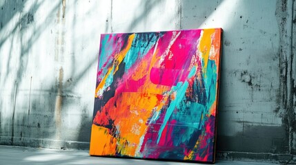 Aufkleber - Vibrant Abstract Artwork Displayed Against a Concrete Wall with Natural Light Shadows