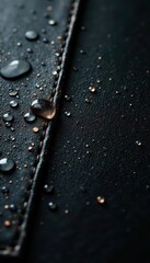 Wall Mural - Small, clear droplets clinging to distressed, black leather , surface, photography