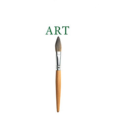 A paintbrush with a wooden handle and natural bristles stands vertically on a black background with green 