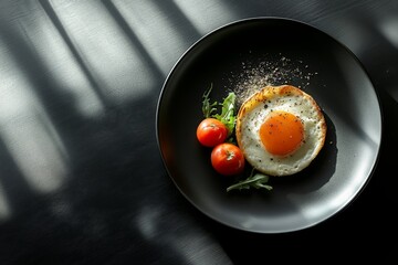 Sticker - A minimalistic breakfast scene featuring a fried egg, cherry tomatoes, and arugula on a black plate with soft shadows