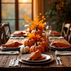 A warm and inviting table setting, featuring pumpkins, leaves, and wine glasses