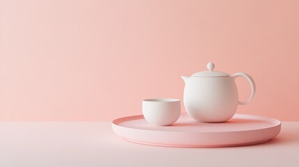 Wall Mural - A minimalist tea set styled on a smooth pastel surface with elegant details. picture