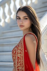 Poster - An elegant Indian woman in a red traditional outfit poses gracefully against a light background