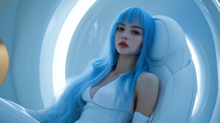 Wall Mural - A close-up shot of a model with long blue hair, wearing an elegant futuristic outfit, seated in a modern, minimalistic setting