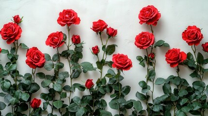 Wall Mural - Vibrant red roses arranged elegantly against a soft white backdrop, creating a romantic atmosphere