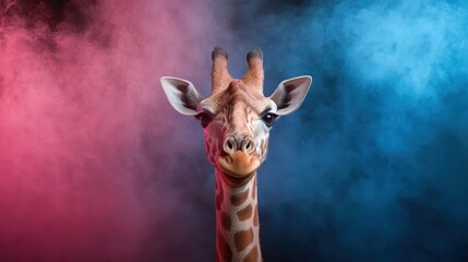 An artistic silhouette of a giraffe surrounded by colorful smoke, blending vibrant tones and an atmospheric feel, symbolizing mystery and beauty in the natural world.