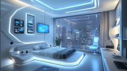 Wall Mural - Futuristic room interior featuring modern electronics and glowing surfaces