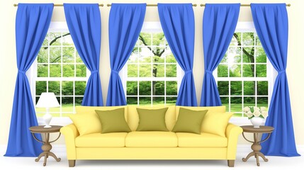 Canvas Print - A minimalistic modern living room featuring a yellow sofa, blue curtains, and large windows with a view of greenery outside