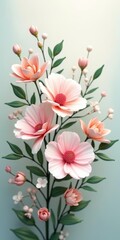 Wall Mural - Pastel pink flowers with green leaves