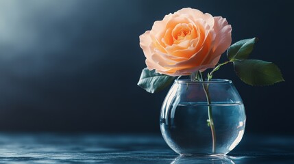 Wall Mural - A minimalistic composition featuring a single peach-colored rose in a clear glass vase filled with water