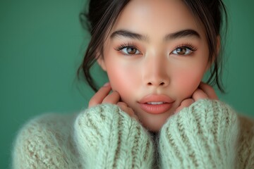 Poster - A close-up portrait of a young woman with soft makeup, wearing a cozy sweater, against a mint green background