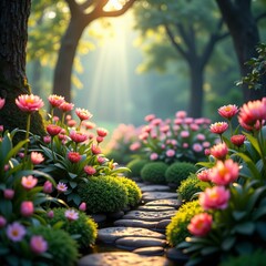 Wall Mural - Serene garden path, surrounded by vibrant flowers and lush greenery