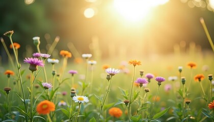 Wall Mural - The image shows a vibrant field of wildflowers in various colors, such as purple, white, and orange, basking in the warm glow of the setting sun. The scene evokes a sense of tranquility and the beauty