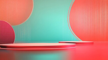 Poster - Empty display podiums emerging from colorful background with geometric shapes