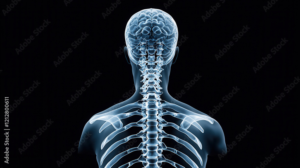 clinical X ray image focusing on human spine and brain, showcasing ...