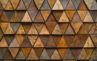 A wall with triangular wood panels arranged in an intricate pattern, creating a textured and visually interesting background for interior design or architectural photography