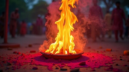 A large flame in a bowl, surrounded by red powder and people in the background