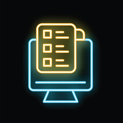 Canvas Print - Glowing neon icon of computer monitor displaying checklist for online survey or exam