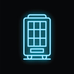 Wall Mural - Bright blue neon icon of a mobile phone with glowing screen on a dark background