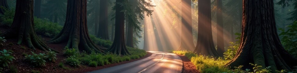 Wall Mural - Misty morning, ancient redwoods frame curving road, peaceful, national park