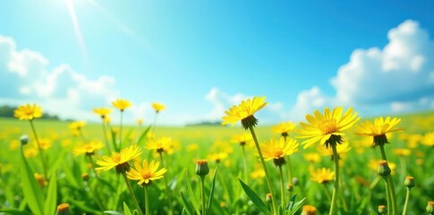 Poster - Sunny day, vibrant yellow dandelions in a green field against a clear blue sky , day, peace