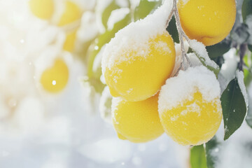 Canvas Print - Snow Covered Lemons on Tree Branches in Winter Sunlight