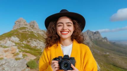 Portrait of tourist woman in the mountain with camera 