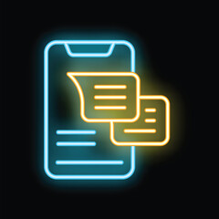 Canvas Print - Glowing neon icon of a smartphone with two incoming text messages, symbolizing mobile communication